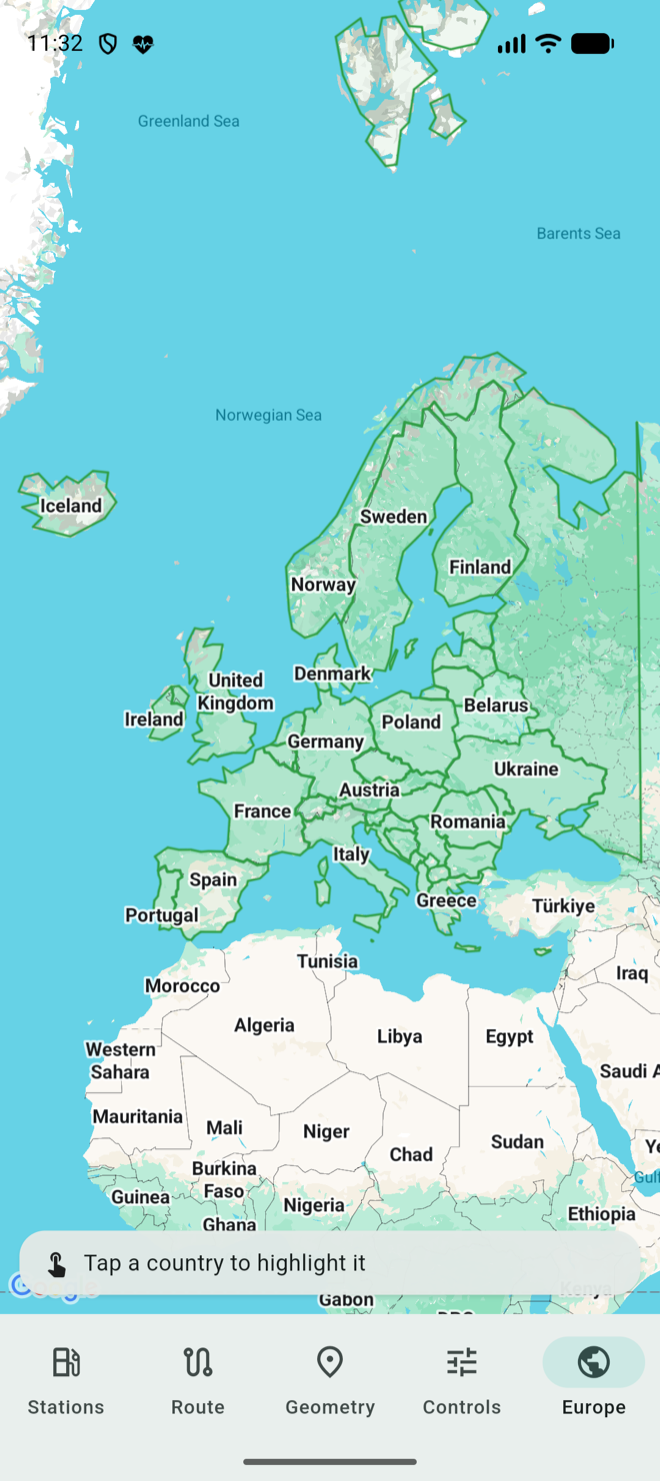 The countries of Europe outlined on Google Maps