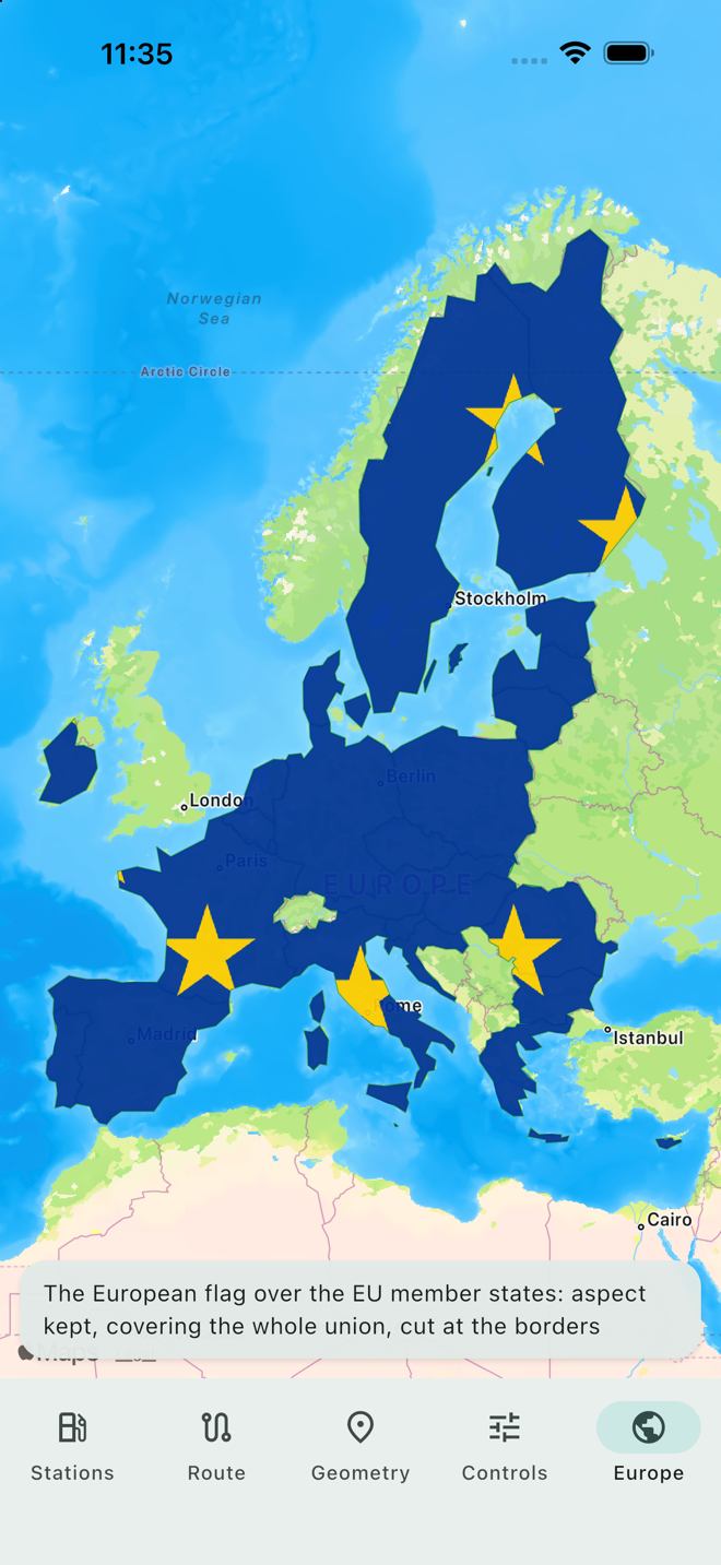 Overlay image (ios): The European flag draped over the EU: aspect kept, covering the whole union, cut at the borders.